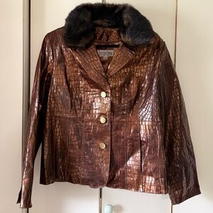 Vintage Stunning Bradley Bayou Brown Croc 100% Leather Jacket w Faux Fur Collar
